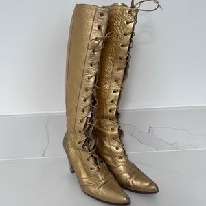 Gold vintage Dior ostrich embossed leather lace up boots size 8